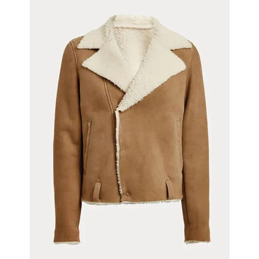 Women's Beige Cropped Shearling Leather Jacket