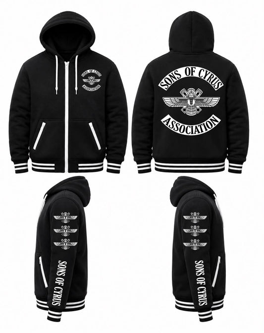 Black zip-up hooded jacket shown from front, back, and side views on a white background, with white drawstrings, white striped ribbed cuffs and hem, and large white Sons of Cyprus Association graphics on the chest, back, and sleeves.
