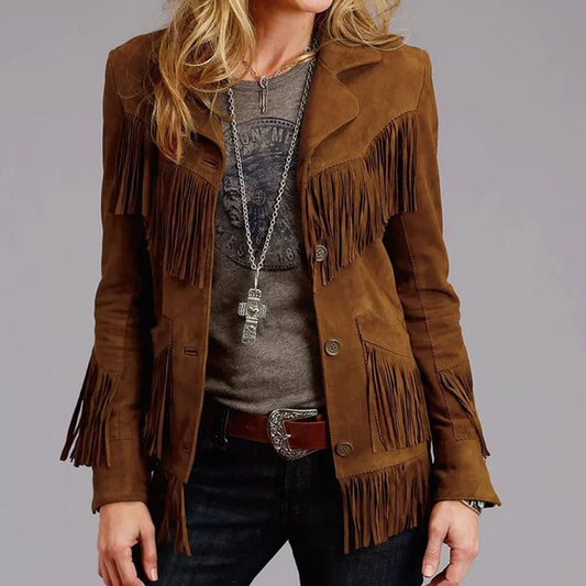 Women Brown Suede Leather Fringe Jacket