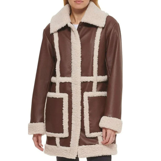 Women Brown Vintage RAF Aviator Flight Shearling Long Fur Sherpa Line Coat