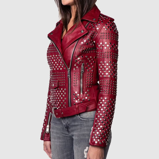 Burgundy Studded Leather Jacket