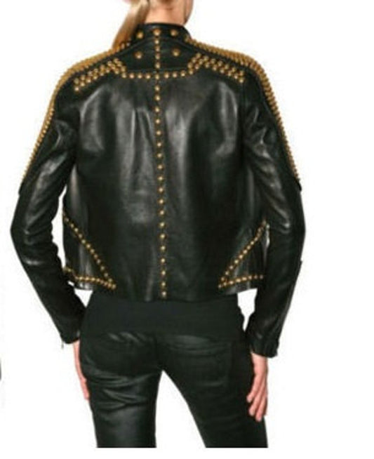 Women Golden Studded Leather Jacket