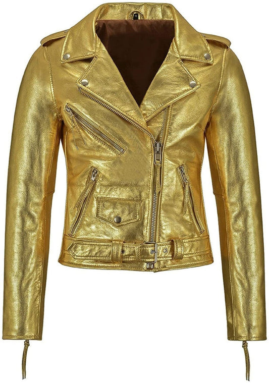 Metallic Golden Biker Vintage Leather jacket