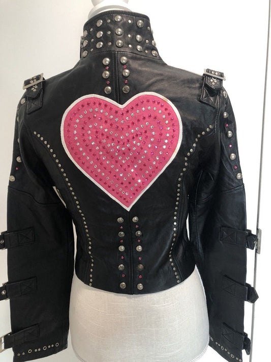 Women Multi Color Rhinestones Studded Leather Jacket
