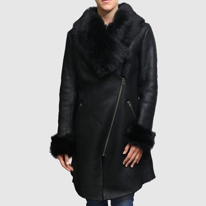 Women Shearling Sheepskin Suede Coat Merino Toscana Collar Black