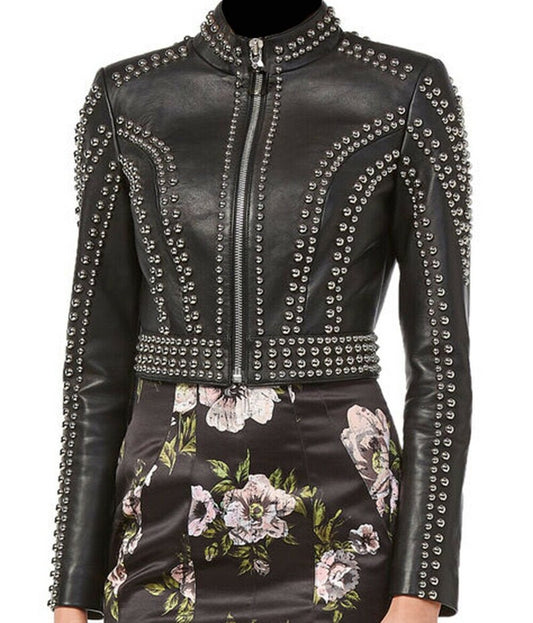 Silver Round Studs Leather Jacket
