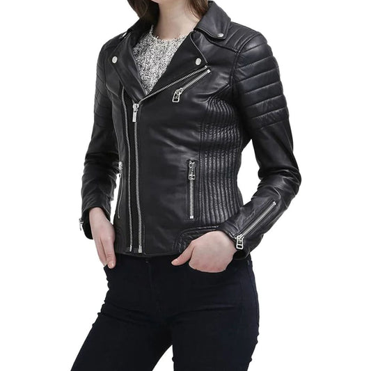 Women Slim Fit Black Genuine Leather Jacket Innovative Design Leather Jacket
