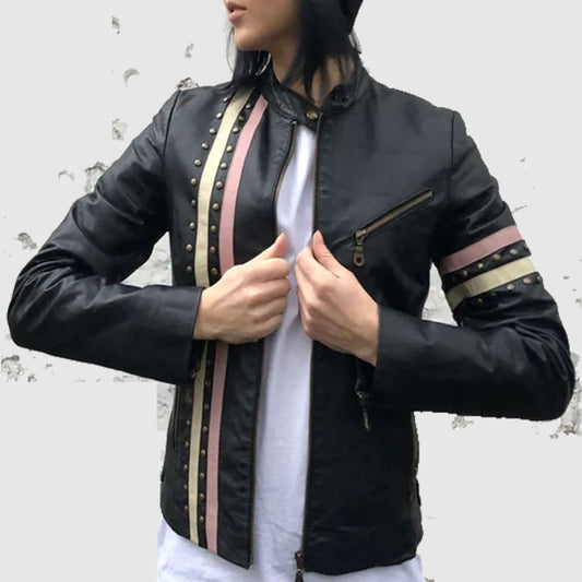Women black studded leather jacket