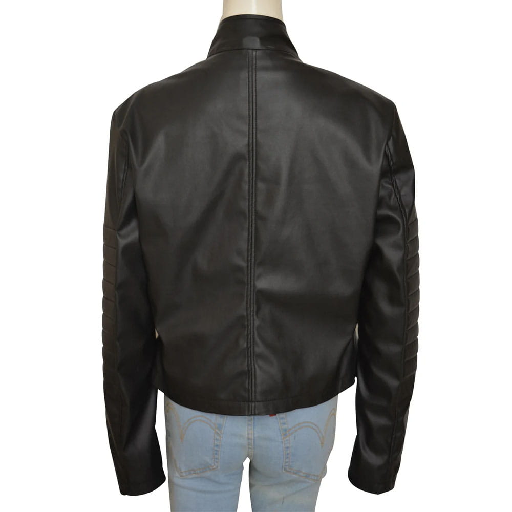 Black leather jacket shown from the back on a mannequin wearing light blue jeans, against a plain white background.