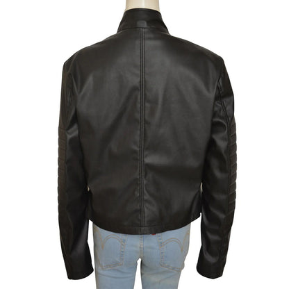 Black leather jacket shown from the back on a mannequin wearing light blue jeans, against a plain white background.
