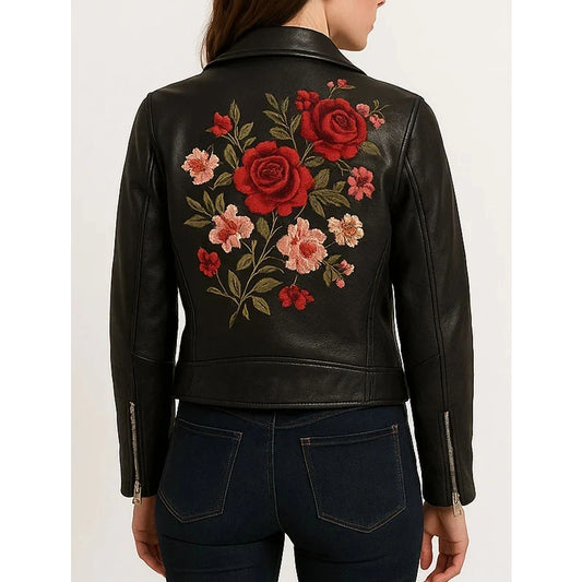 Women Embroidered Floral Black Biker Leather Jacket