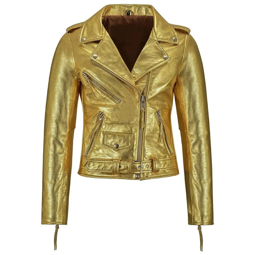 A metallic gold faux leather motorcycle jacket with an asymmetrical zipper, zippered chest pocket, and side pockets, shown against a plain white background.