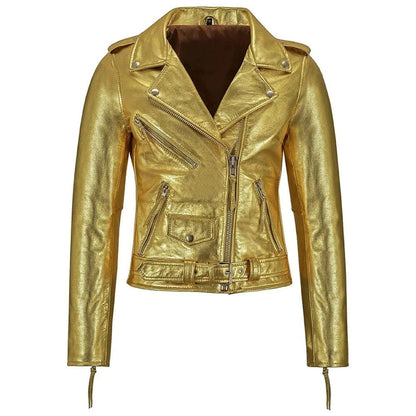 A metallic gold faux leather motorcycle jacket with an asymmetrical zipper, zippered chest pocket, and side pockets, shown against a plain white background.
