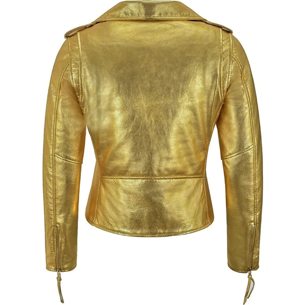 A metallic gold cropped leather jacket shown from the back, featuring a pointed collar, zippered side pockets, and zippered cuffs with pull tabs, set against a plain white background.