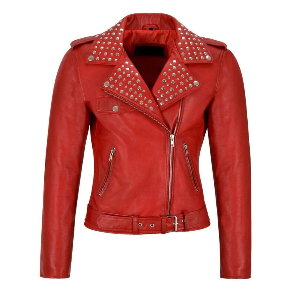 A red faux leather motorcycle jacket with silver-tone studs on the collar and shoulders, a zippered front, and zippered side pockets, shown against a plain white background.