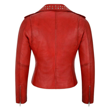 Red faux leather moto jacket shown from the back, featuring silver metal studs along the collar and zippered sleeve cuffs, on a solid white background.