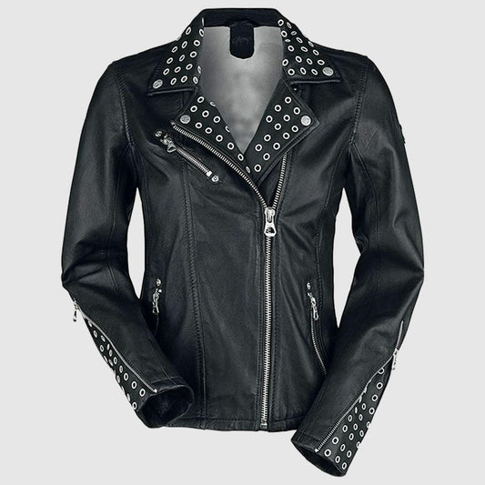 Women Cool Rivet Black Leather Slim Fit Studded Leather Jacket crafted from genuine leather featuring rivet detailing, slim-fit design, zipper closure, and modern biker styling.
