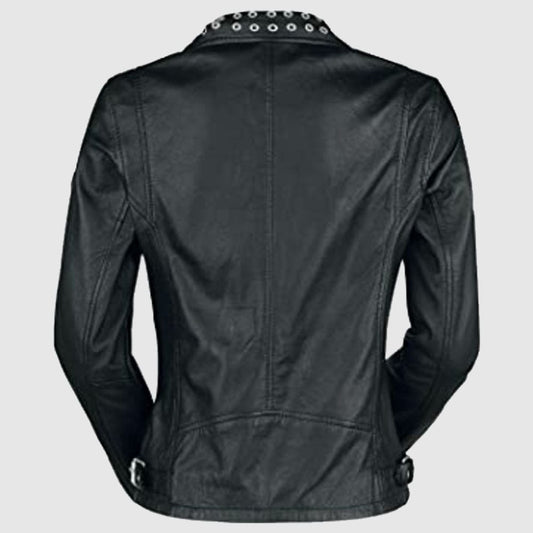 Women Cool Rivet Black Leather Slim Fit Studded Leather Jacket crafted from genuine leather featuring rivet detailing, slim-fit design, zipper closure, and modern biker styling.