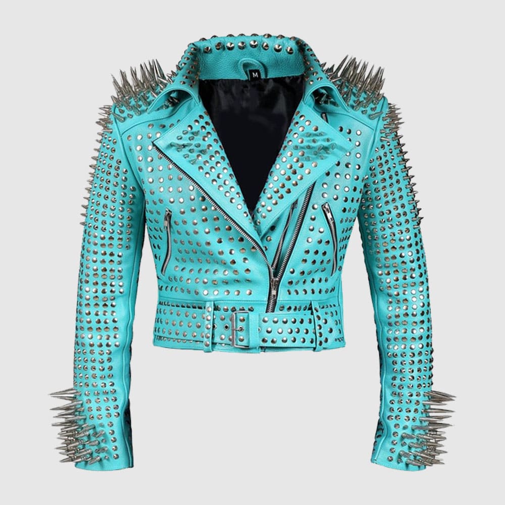 Women Silver Studs Premium Leather Zippered Spiked Brando Jacket made from genuine cowhide leather featuring handmade silver studs, spikes, zipper cuffs, and classic Brando biker styling.