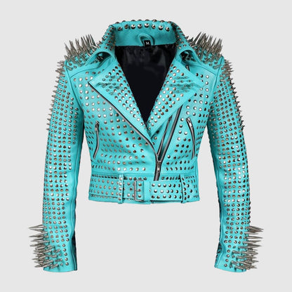 Women Silver Studs Premium Leather Zippered Spiked Brando Jacket made from genuine cowhide leather featuring handmade silver studs, spikes, zipper cuffs, and classic Brando biker styling.
