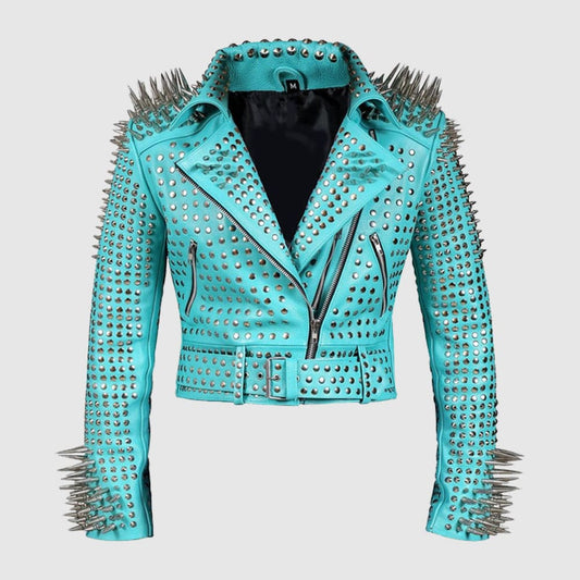 Women Silver Studs Premium Leather Zippered Spiked Brando Jacket made from genuine cowhide leather featuring handmade silver studs, spikes, zipper cuffs, and classic Brando biker styling.
