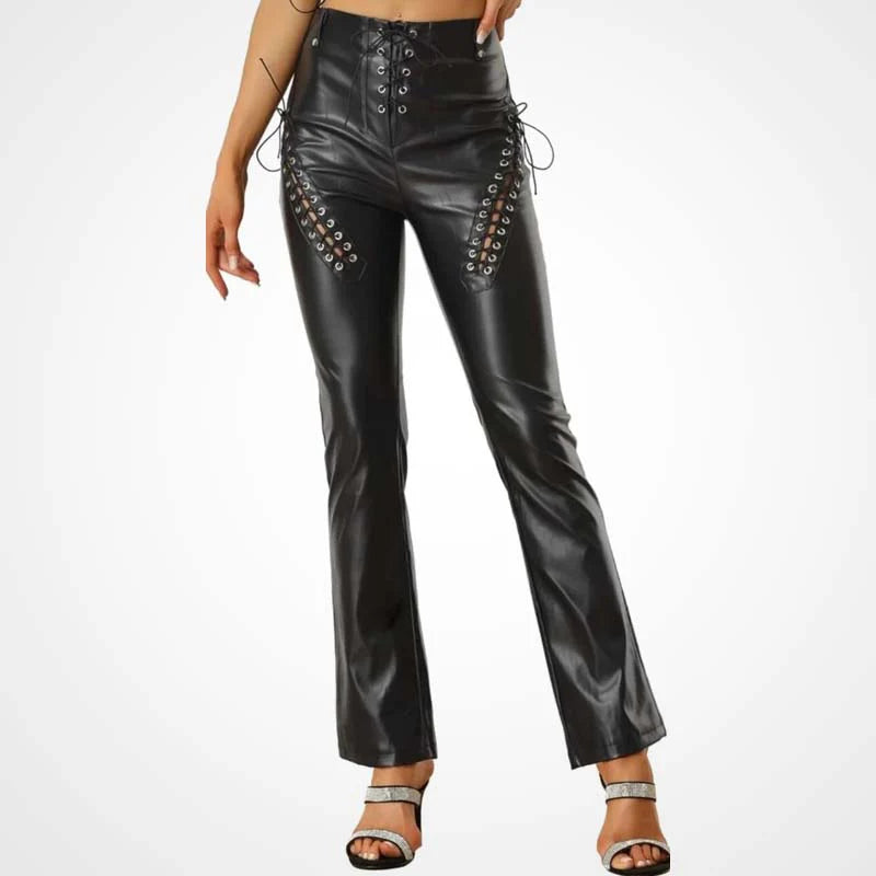 Women’s Black Lace Up Lambskin Leather Biker Pants

