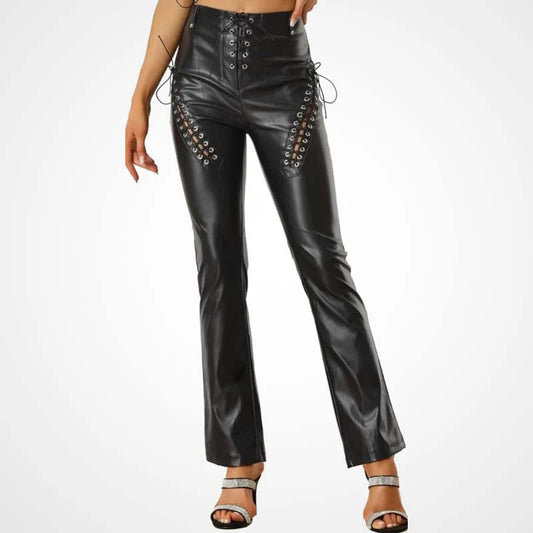 Women’s Black Lace Up Lambskin Leather Biker Pants
