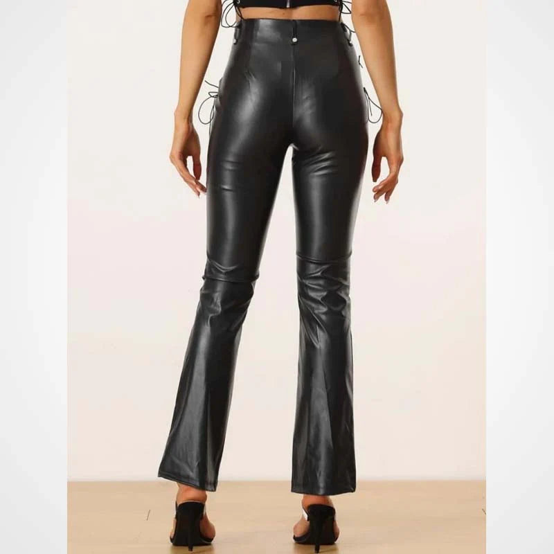 Women’s Black Lace Up Lambskin Leather Biker Pants
