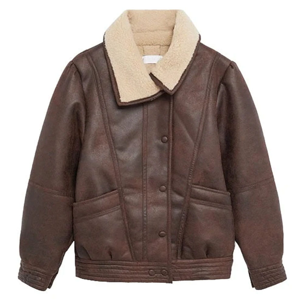 A brown faux-leather aviator jacket with a beige sherpa fleece collar, featuring a button-up front and quilted panel details.