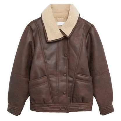 A brown faux-leather aviator jacket with a beige sherpa fleece collar, featuring a button-up front and quilted panel details.