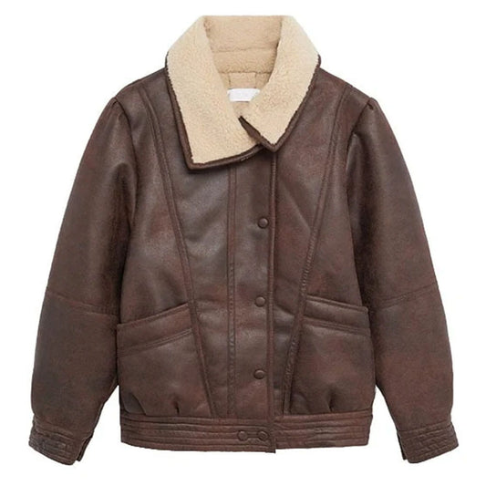 A brown faux-leather aviator jacket with a beige sherpa fleece collar, featuring a button-up front and quilted panel details.