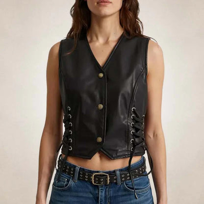 Women’s Fitted Black Leather Vest with Side Laces