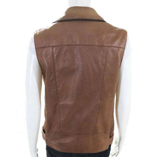 Brown leather vest on a mannequin against a white background