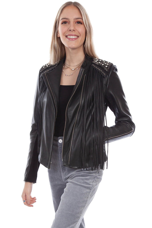 Women Leather Fringe Studded Jacket