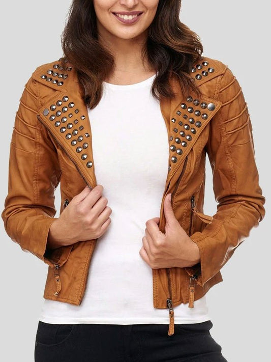 Brown Studded Biker Leather Jacket