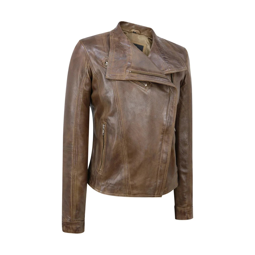 Women's Cross Zip Brown Biker Jacket Washed Soft