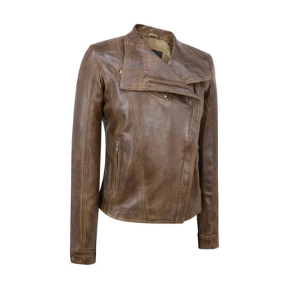 Women's Cross Zip Brown Biker Jacket Washed Soft