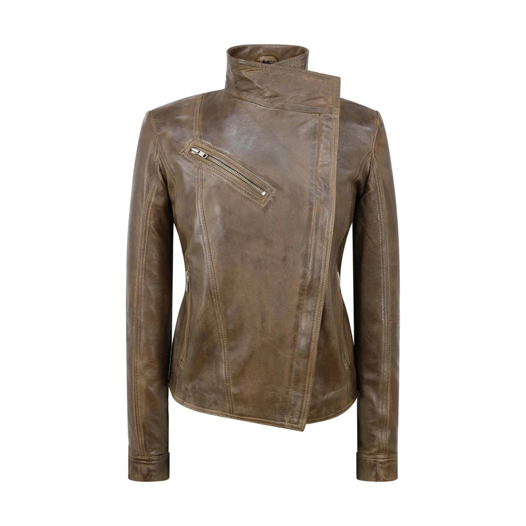 Women's Cross Zip Brown Biker Jacket Washed Soft
