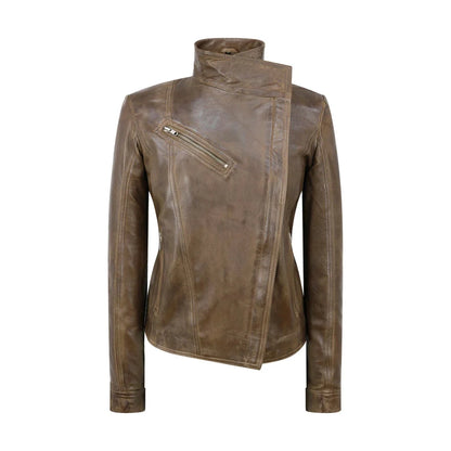 Women's Cross Zip Brown Biker Jacket Washed Soft