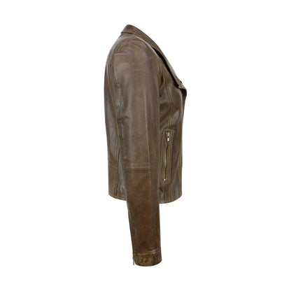 Women's Cross Zip Brown Biker Jacket Washed Soft