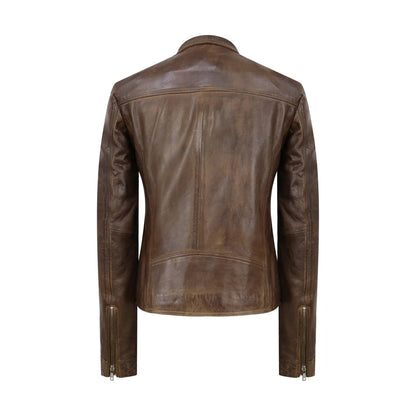 Women's Cross Zip Brown Biker Jacket Washed Soft