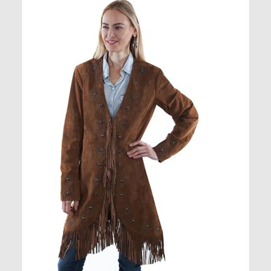 Women embroidery cinnamon suede Boar Fringe Coat