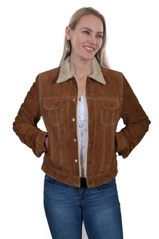 Women Cinnamon Suede Faux Fur leather Jacket