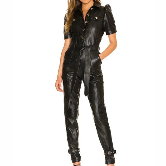Black leather jumpsuit worn by a model on a white background