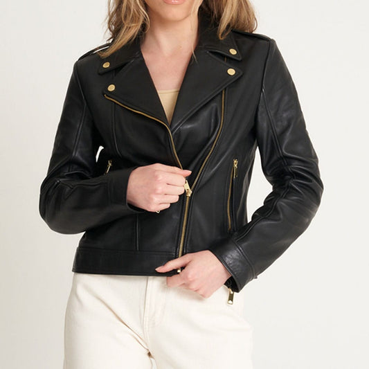 Women’s Gold Trim Leather Biker Jacket – Samie