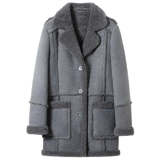 Women Gray Suede Leather Warm Sheepskin Shearling Jacket Coat