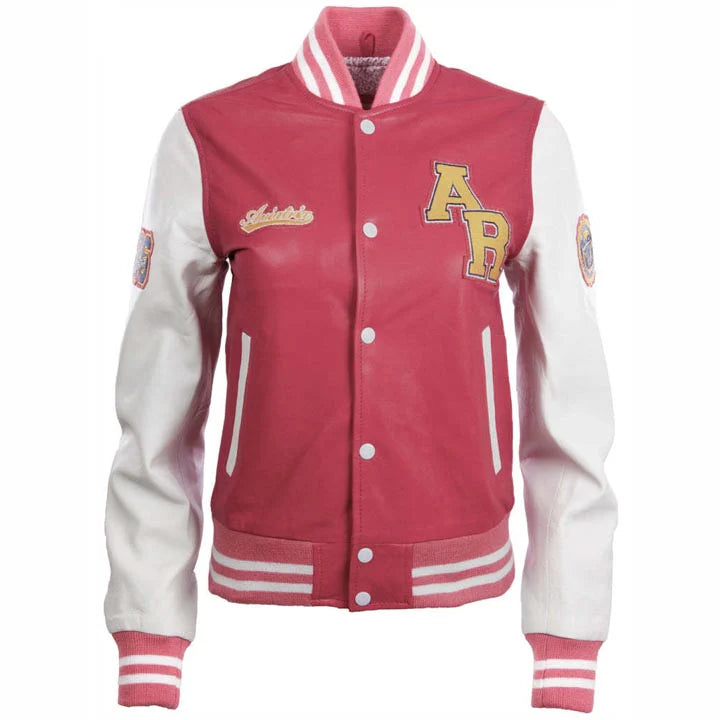 A varsity-style jacket with a red body and white sleeves, featuring a button-front closure, striped ribbed collar, cuffs, and hem, plus decorative embroidered lettering on the chest and sleeves.