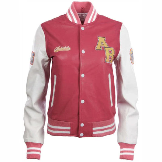 A varsity-style jacket with a red body and white sleeves, featuring a button-front closure, striped ribbed collar, cuffs, and hem, plus decorative embroidered lettering on the chest and sleeves.