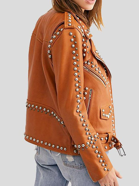 Moto Biker Brown Studded Leather Jacket