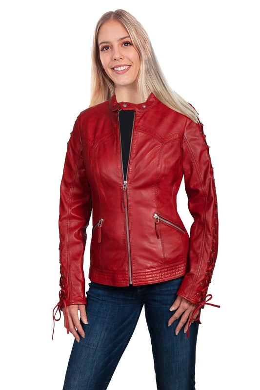 Red Lamb skin Laced Sleeve leather Jacket